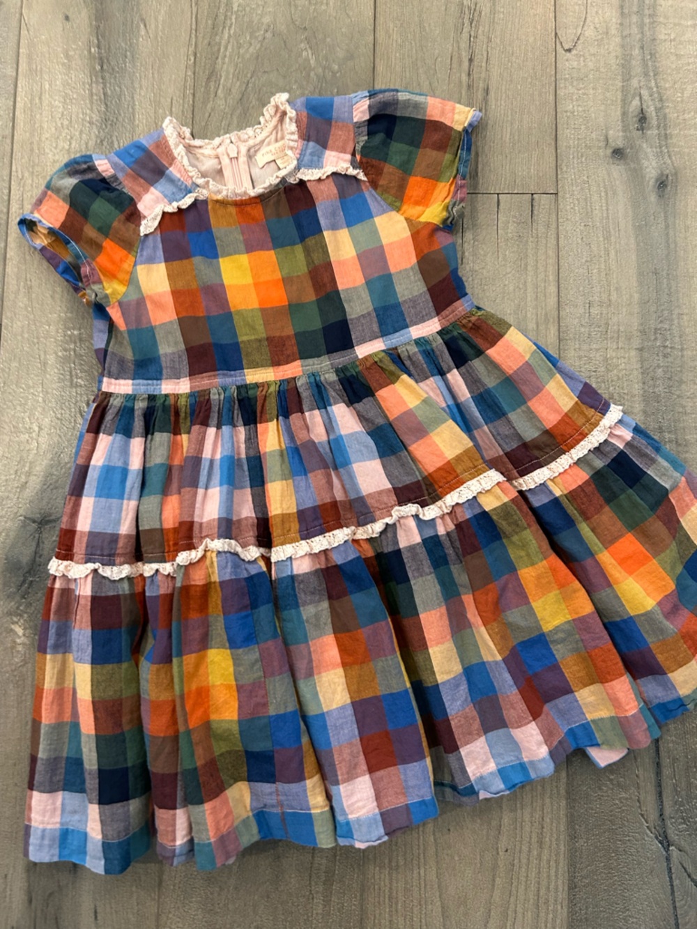 Pink Chicken Multicolor Plaid Cotton Dress with Lace Trim